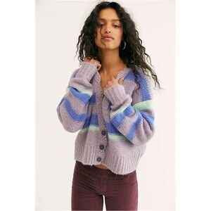 Free People Fine Time Gray and Blue Striped Cardigan